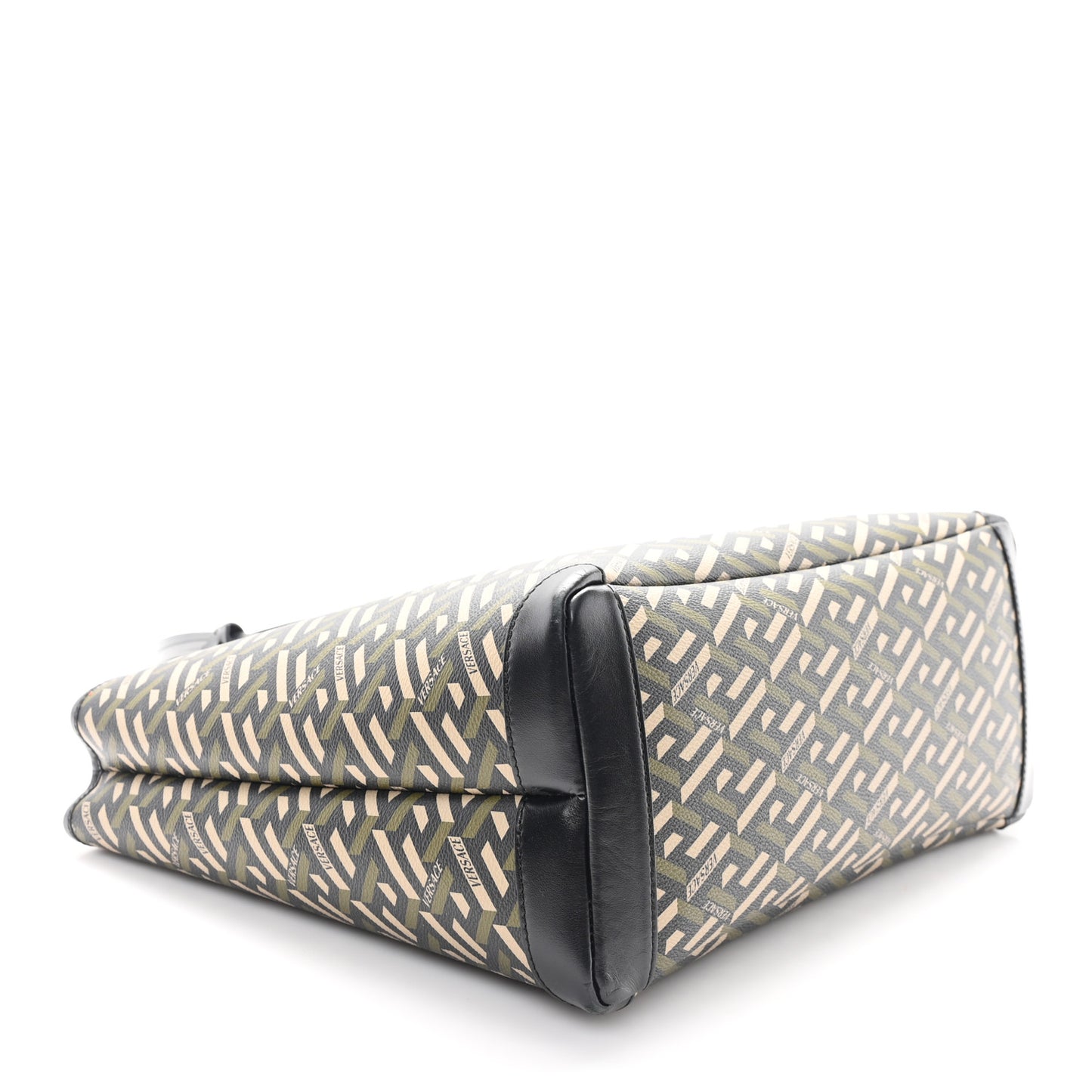 Canvas Calfskin Monogram La Greca Medusa Tote Black Khaki