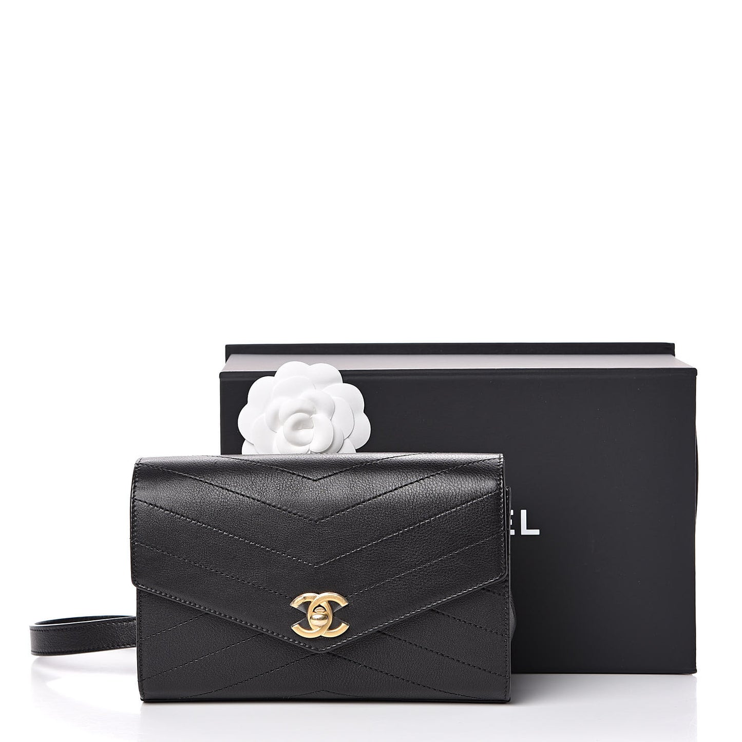 Calfskin Chevron Stitched Coco Waist Bag Black