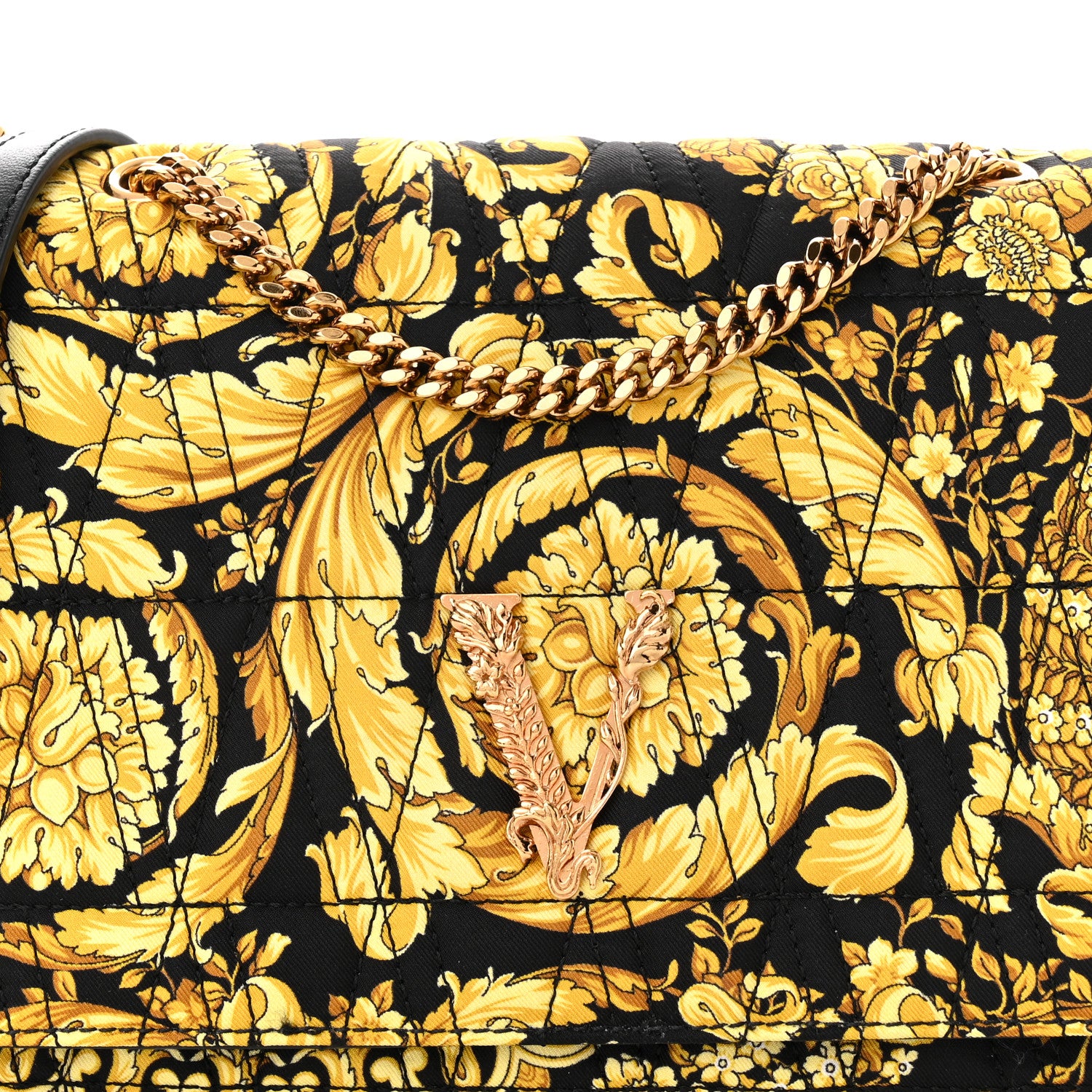 Versace Silk Barocco Printed Quilted Virtus V Chain Flap Shoulder Bag Black Gold 7 of 9