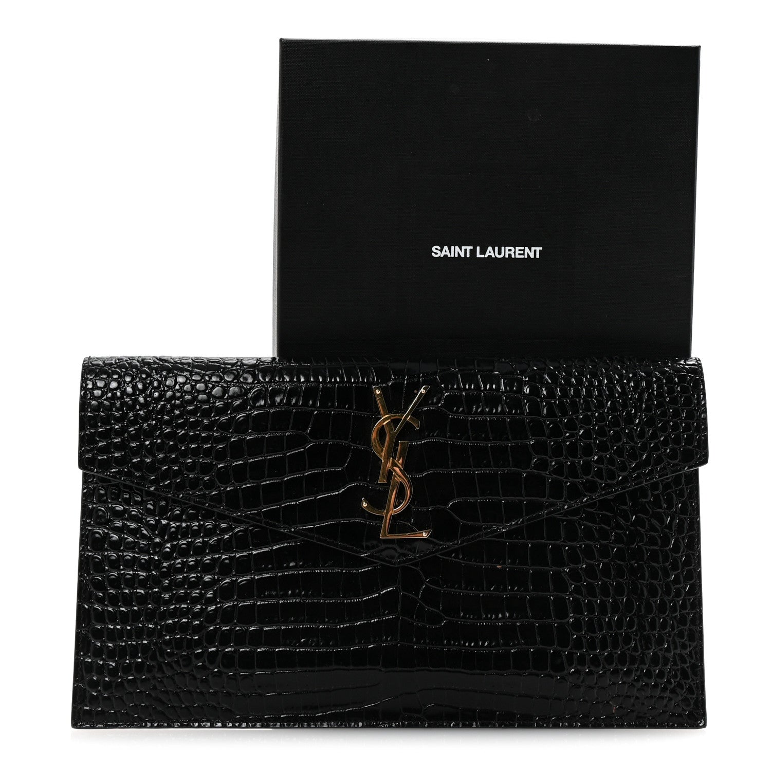 Saint Laurent Calfskin Crocodile Embossed Uptown Monogram Pouch Black 7 of 7