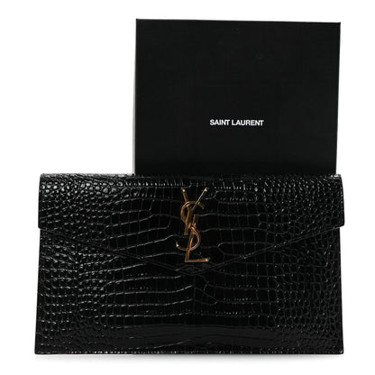 Saint Laurent Calfskin Crocodile Embossed Uptown Monogram Pouch Black 7 of 7