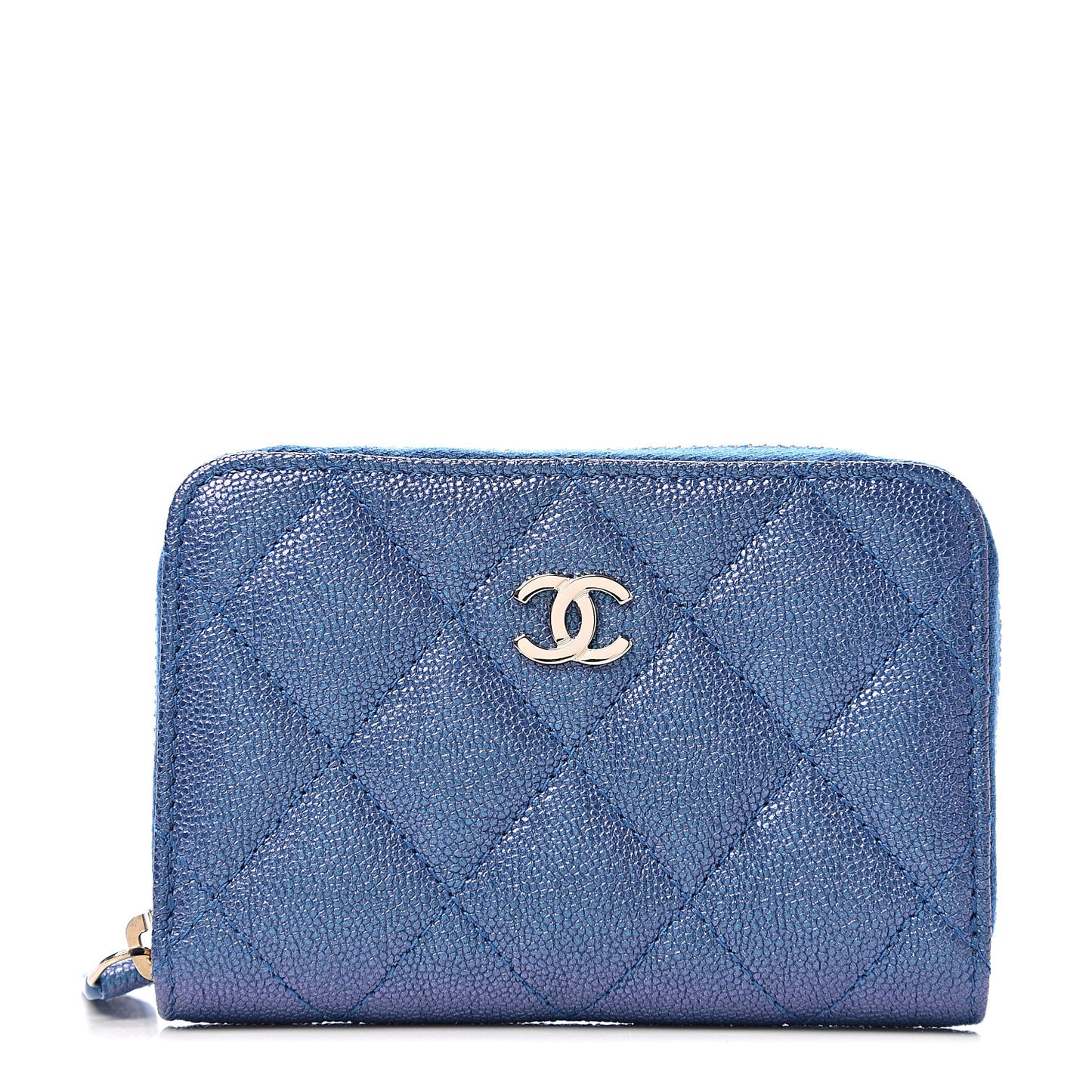Iridescent Caviar Quilted Zip Around Coin Purse Dark Blue
