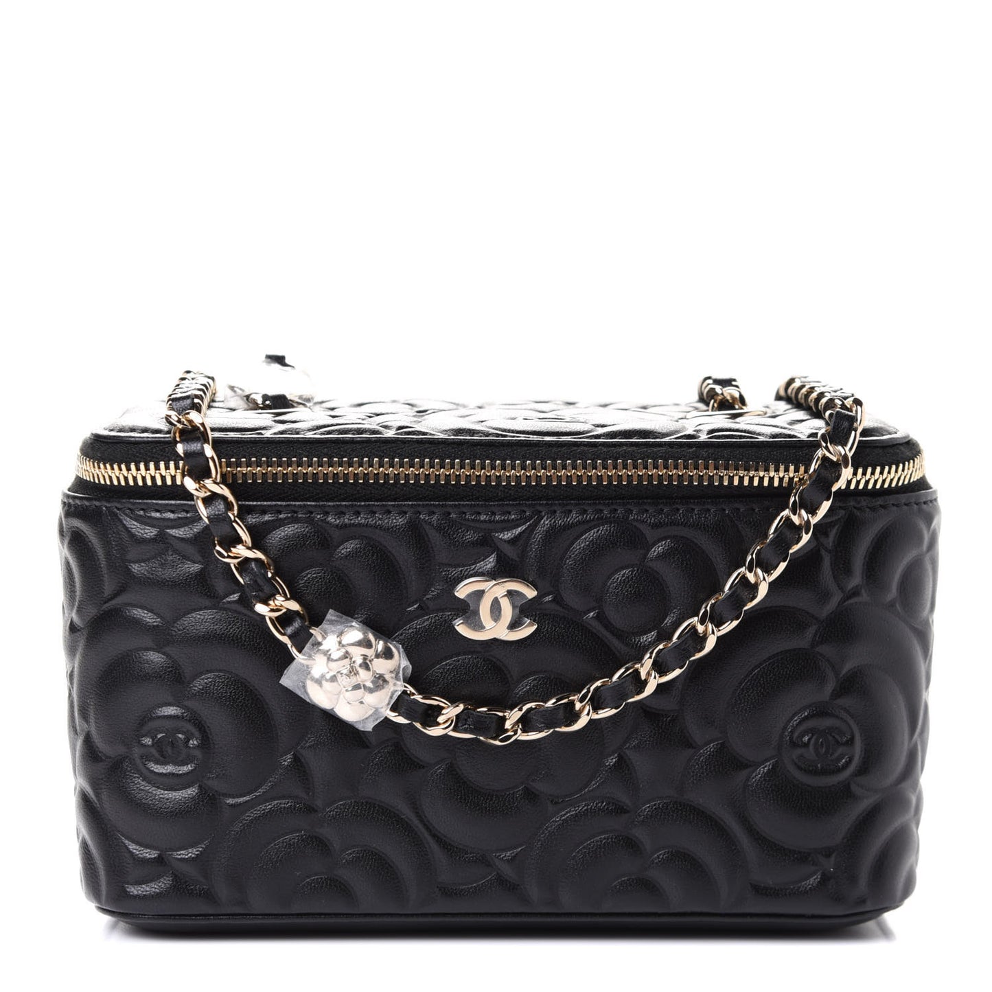 Lambskin Camellia Embossed Small Vanity Case With Chain Black