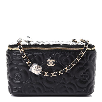 Chanel Lambskin Camellia Embossed Small Vanity Case With Chain Black 1 of 5