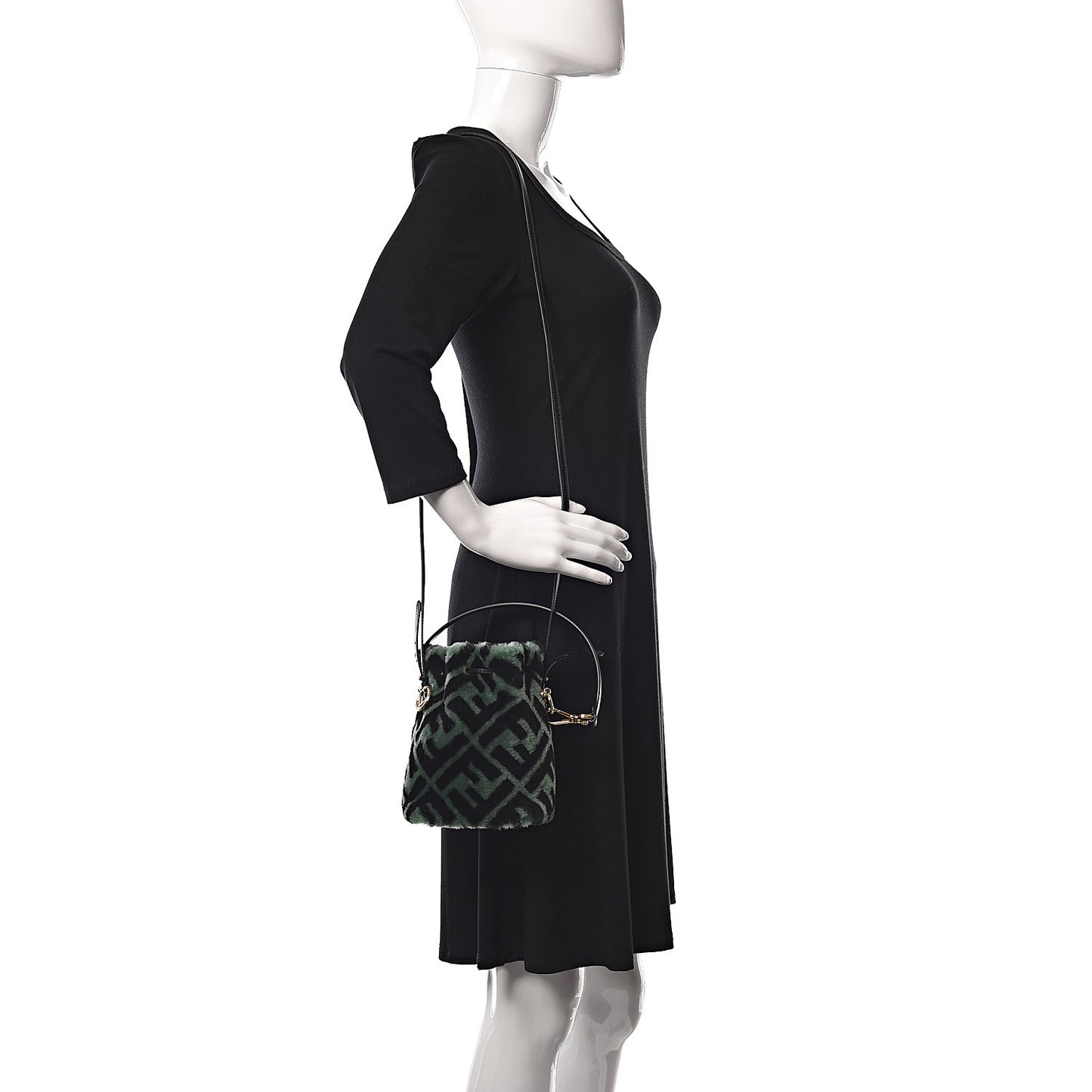 Shearling F is Macro FF 1974 Diagonal Mini Mon Tresor Bucket Bag Green Black