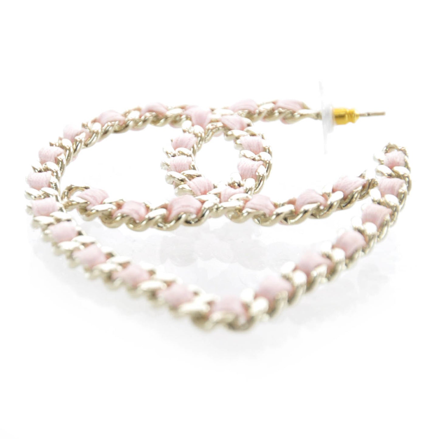 Satin Ribbon CC Heart Chain Earrings Pink