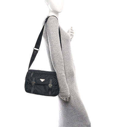 Prada Re-Nylon Vela Saffiano Pocket Double Buckle Messenger Shoulder Bag Black 2 of 10