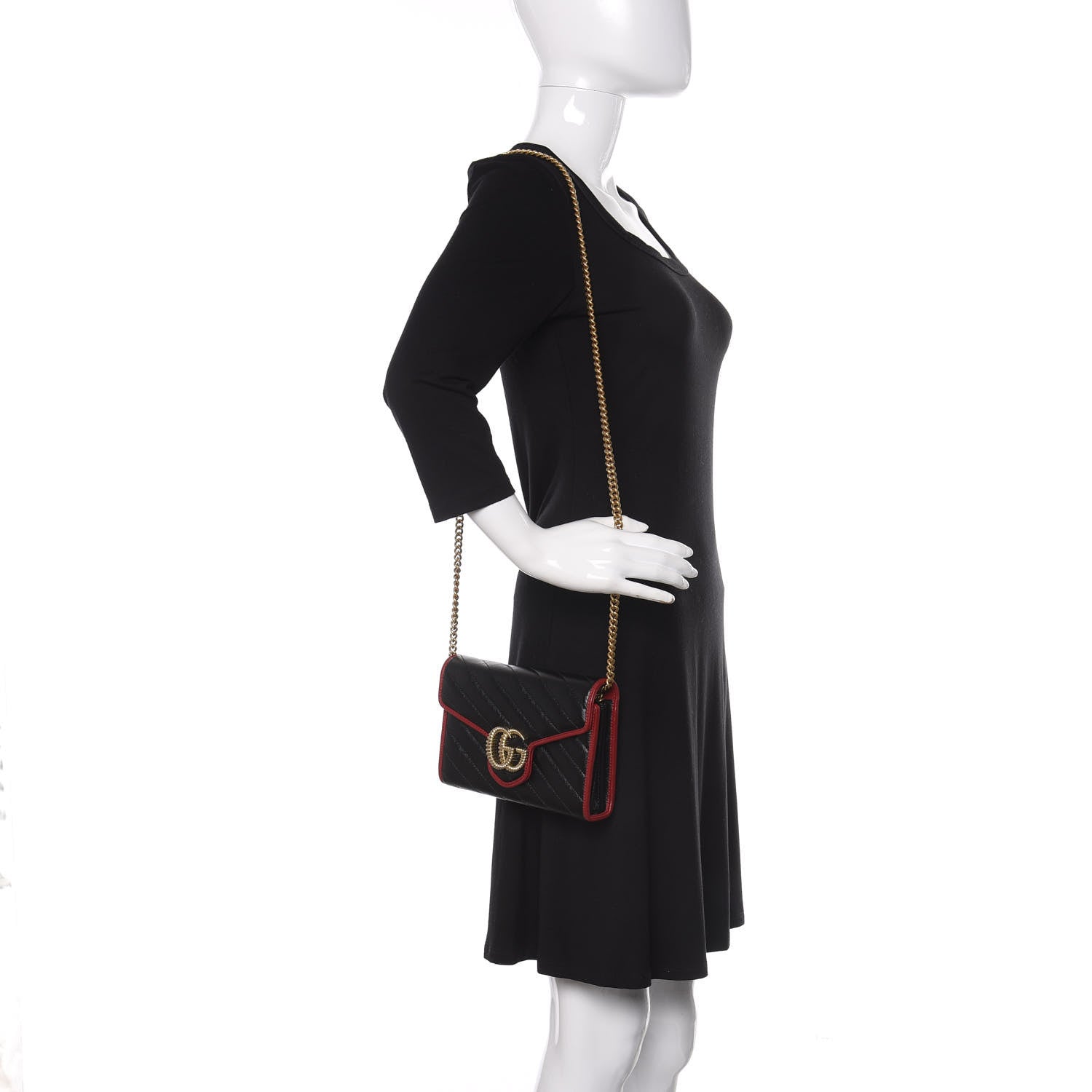 Gucci Vintage Effect Calfskin Matelasse Diagonal Torchon GG Marmont Chain Wallet Black Romantic Cherry 2 of 10