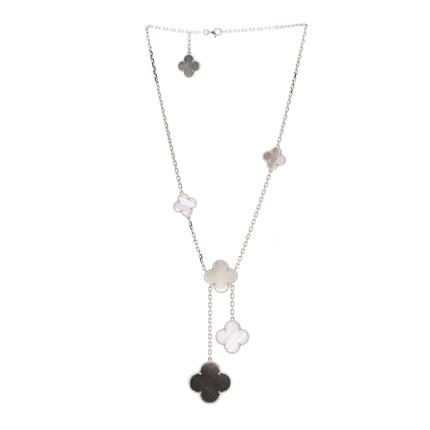18K White Gold Mother of Pearl Chalcedony 6 Motifs Magic Alhambra Necklace