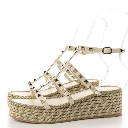 Valentino Garavani Calfskin Rockstud Ankle Strap Torchon Espadrille Caged 30/55mm Sandals 39 Light Ivory 3 of 14