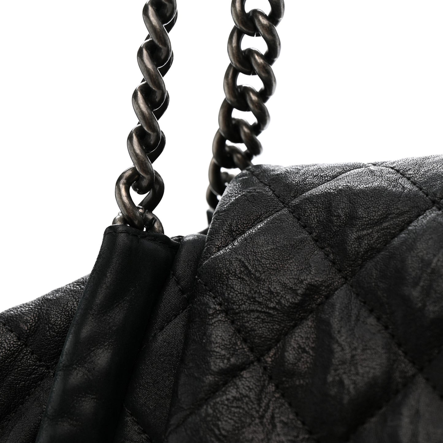 Crumpled Calfskin Iridescent Calfskin Hidden Chain Large Quilted Shopping Tote Black