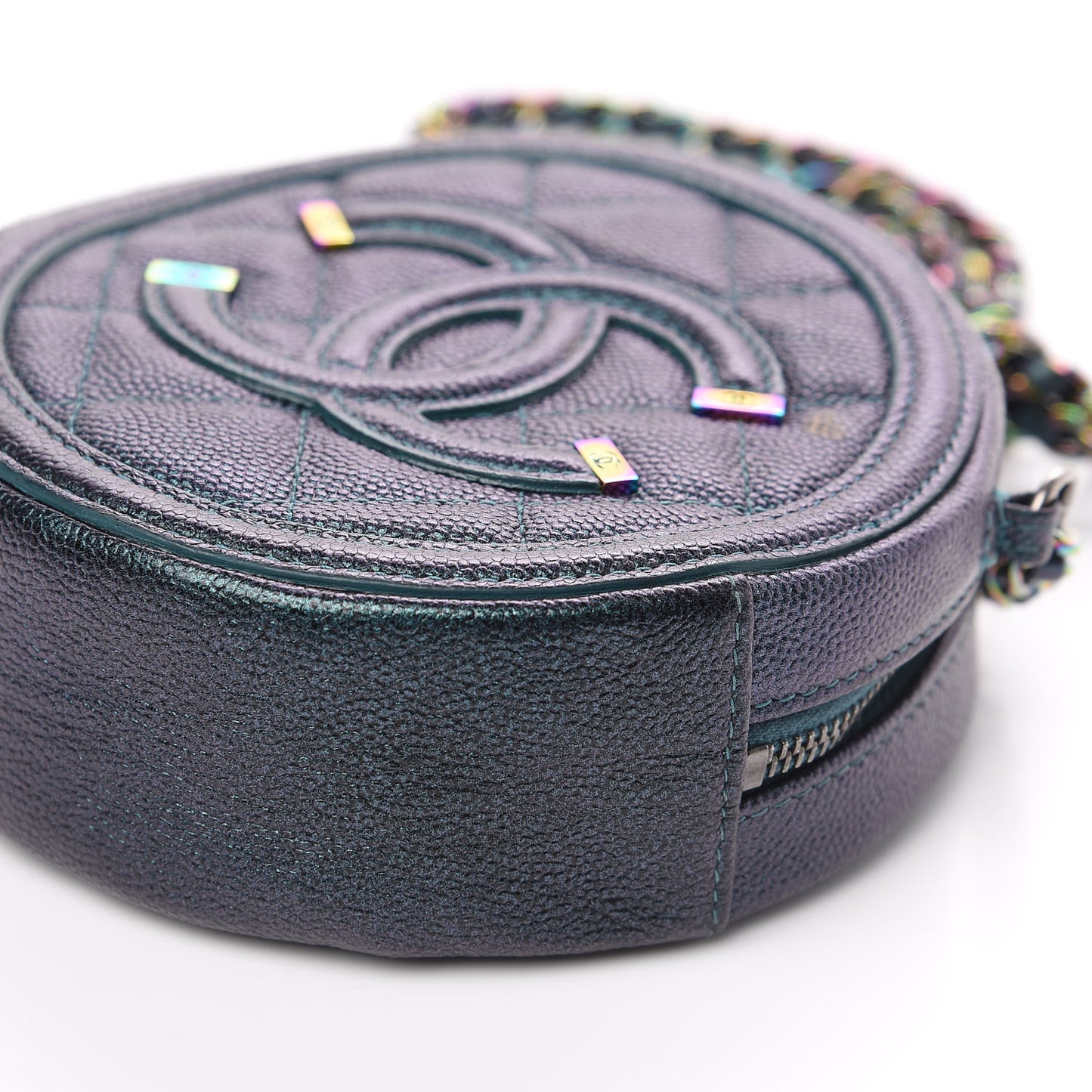 Iridescent Caviar Quilted Round Filigree Crossbody Dark Turquoise