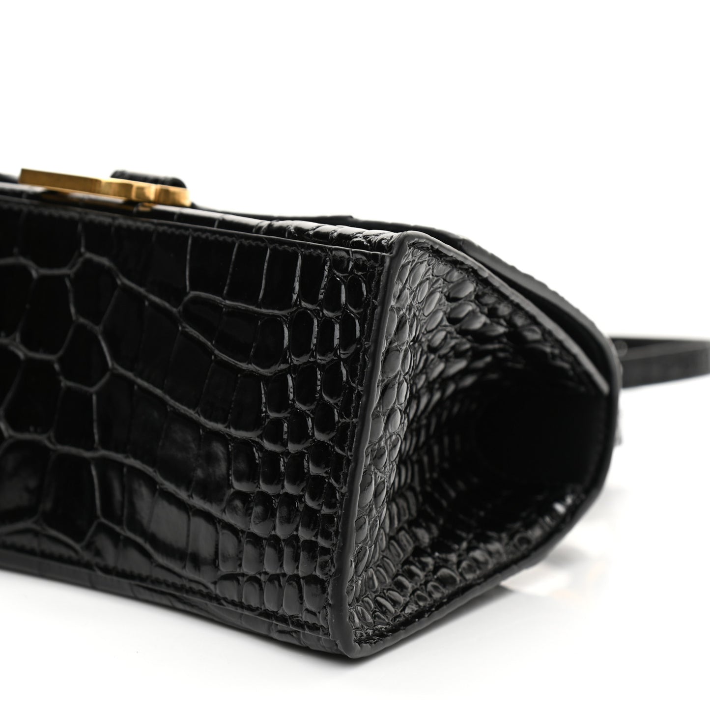 Shiny Calfskin Crocodile Embossed Small Hourglass Top Handle Bag Black