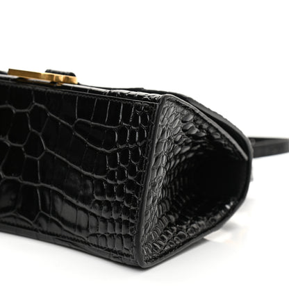 Balenciaga Shiny Calfskin Crocodile Embossed Small Hourglass Top Handle Bag Black 9 of 10