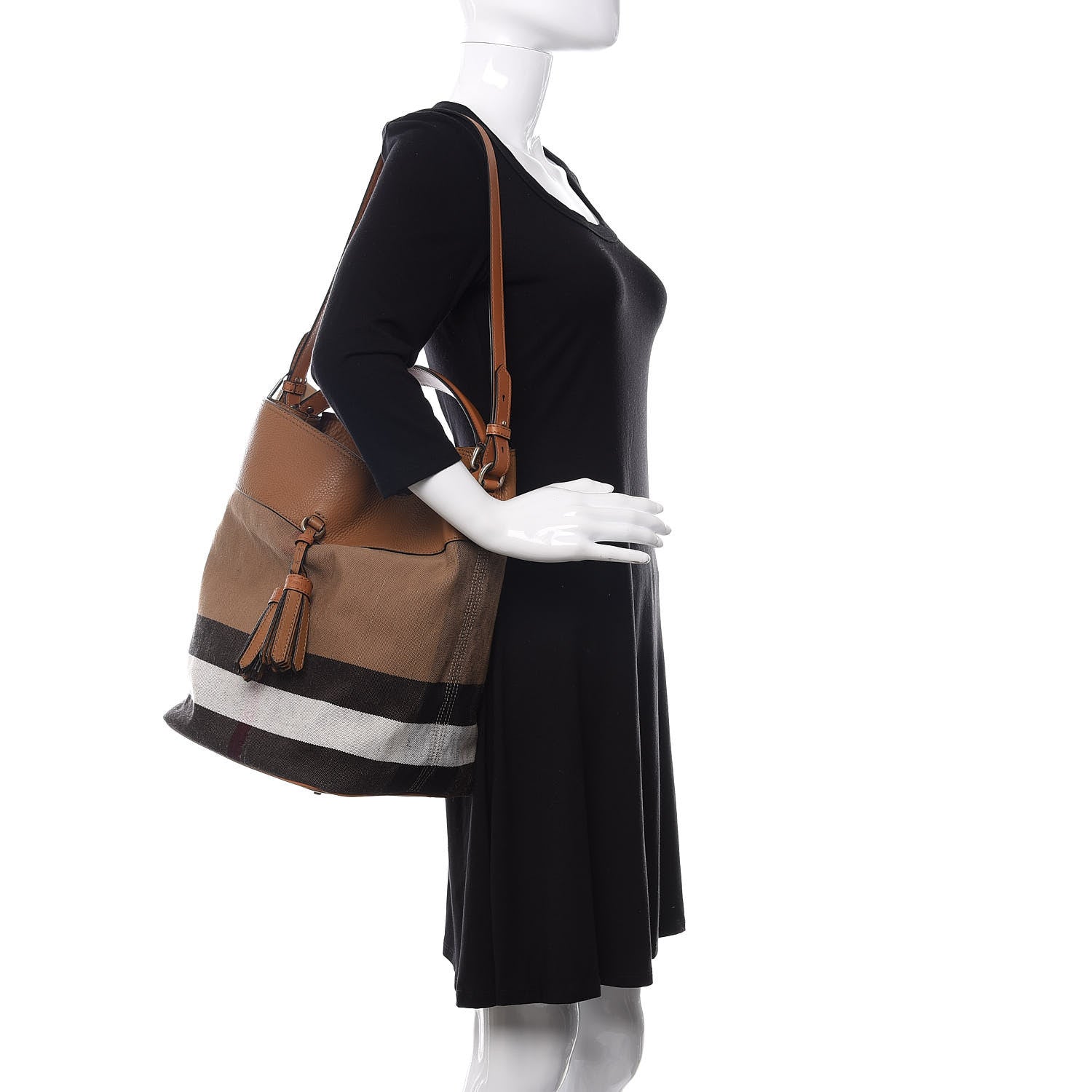 Burberry Grainy Calfskin Canvas Mega Check Medium Ashby Tassel Hobo Saddle Brown 2 of 11