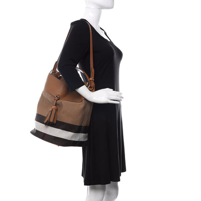 Burberry Grainy Calfskin Canvas Mega Check Medium Ashby Tassel Hobo Saddle Brown 2 of 11