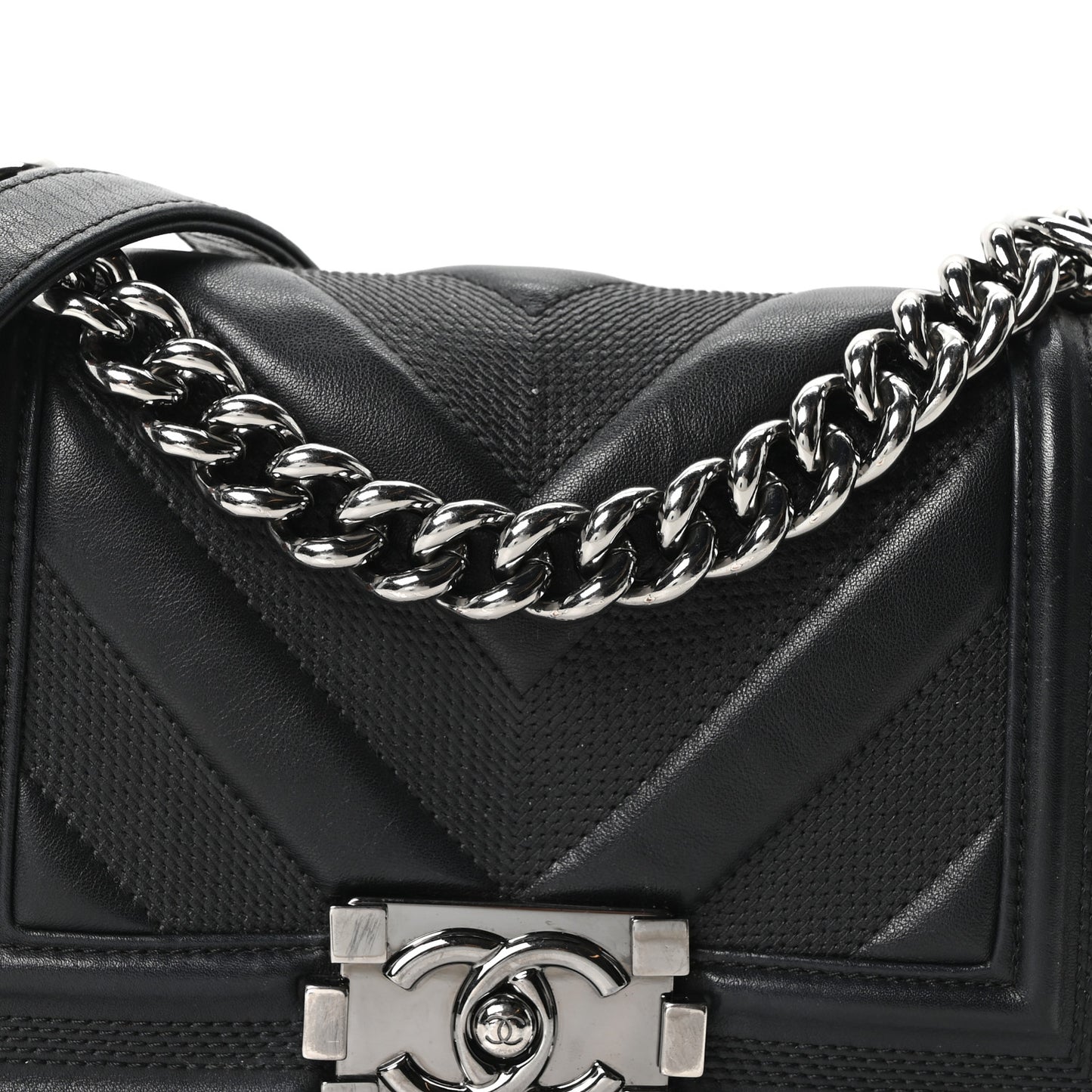 Calfskin Perforated Chevron Quilted Small Boy Flap Black