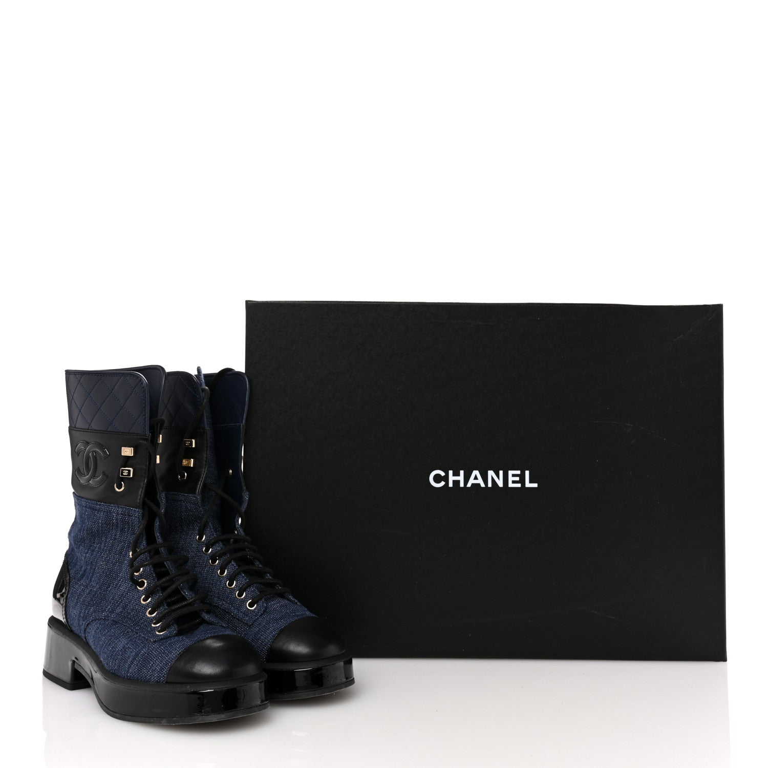 Chanel Fabric Patent Lambskin Quilted CC Lace Up Combat Boots 37 Navy Blue Black 11 of 11