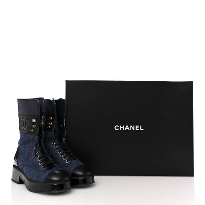 Chanel Fabric Patent Lambskin Quilted CC Lace Up Combat Boots 37 Navy Blue Black 11 of 11