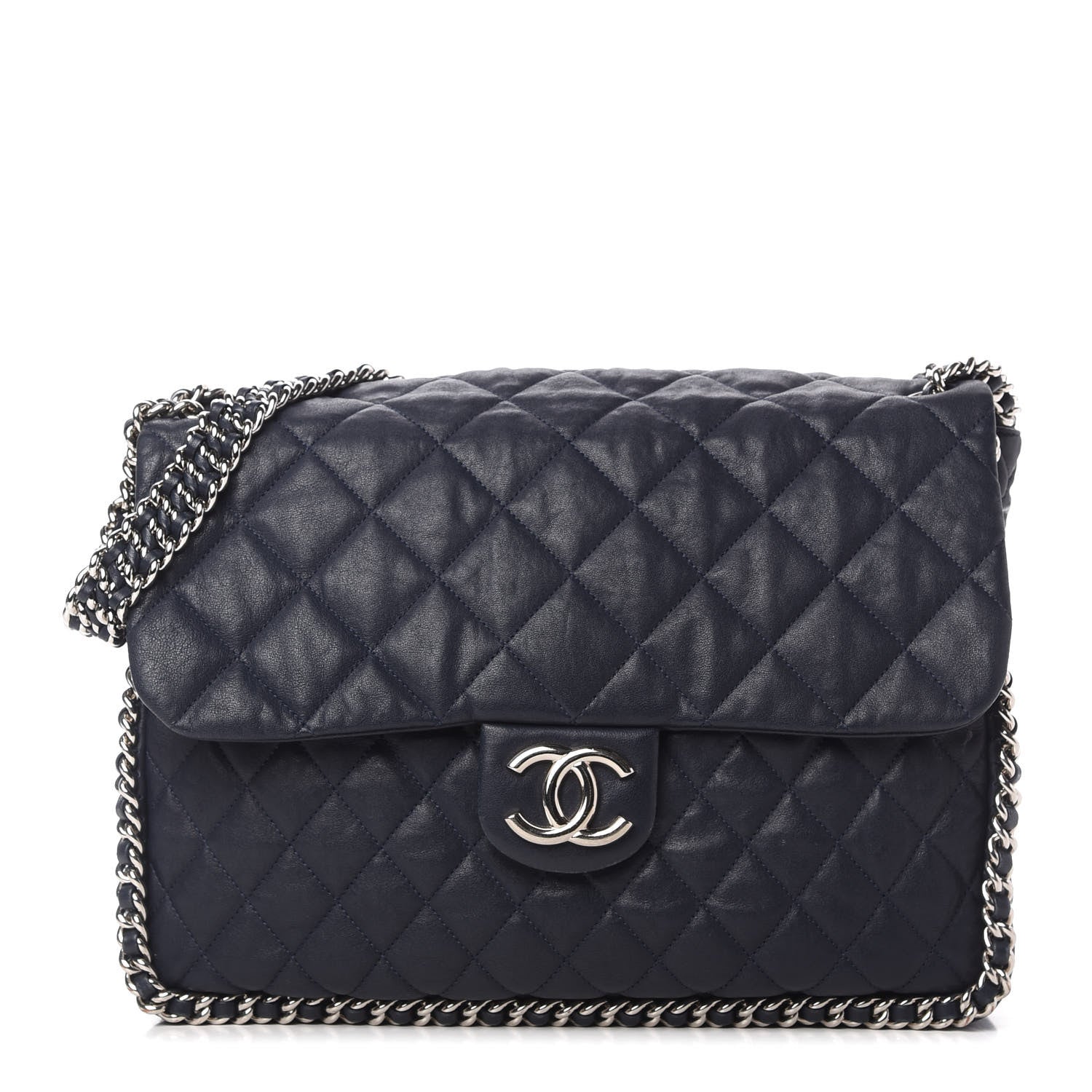 Chanel Washed Lambskin Quilted Chain Around Maxi Flap Dark Navy Blue 1 of 10