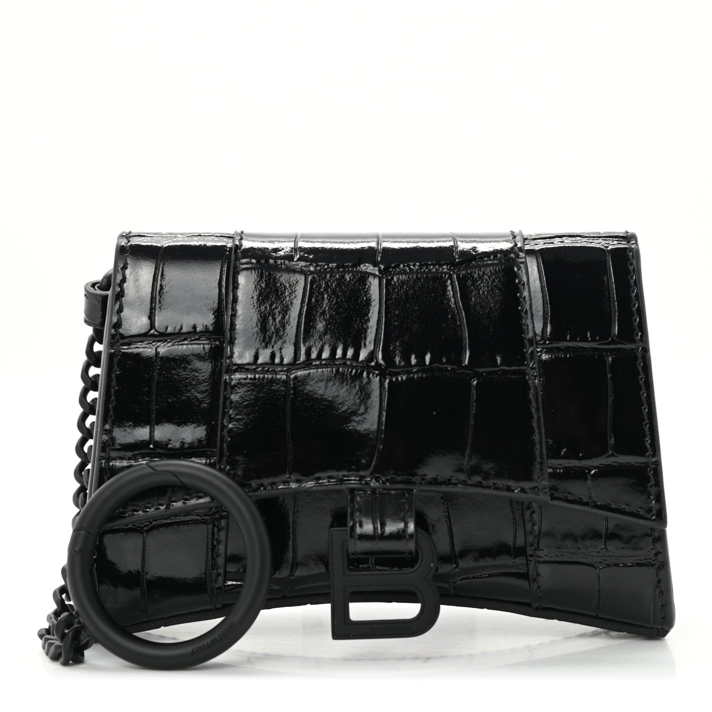 Shiny Calfskin Monochrome Crocodile Embossed Hourglass Chain Cardholder Black