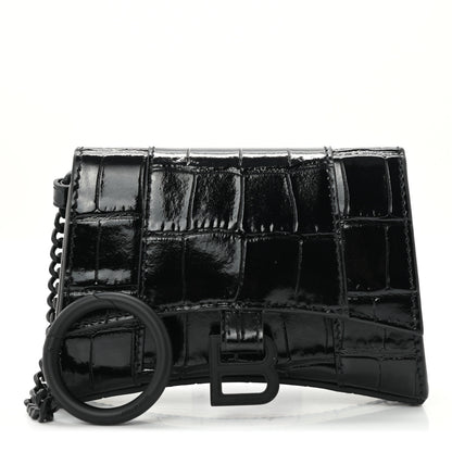 Balenciaga Shiny Calfskin Monochrome Crocodile Embossed Hourglass Chain Cardholder Black 1 of 5