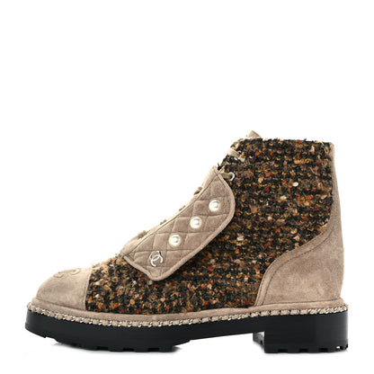 Chanel Tweed Suede Pearl Combat Short Boots 38.5 1 of 7