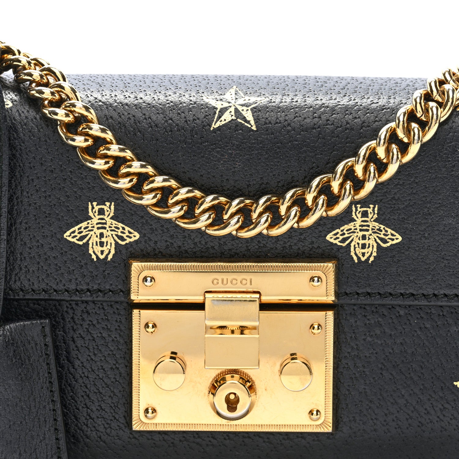 Gucci Grained Calfskin Bee Star Small Padlock Shoulder Bag Black 7 of 9