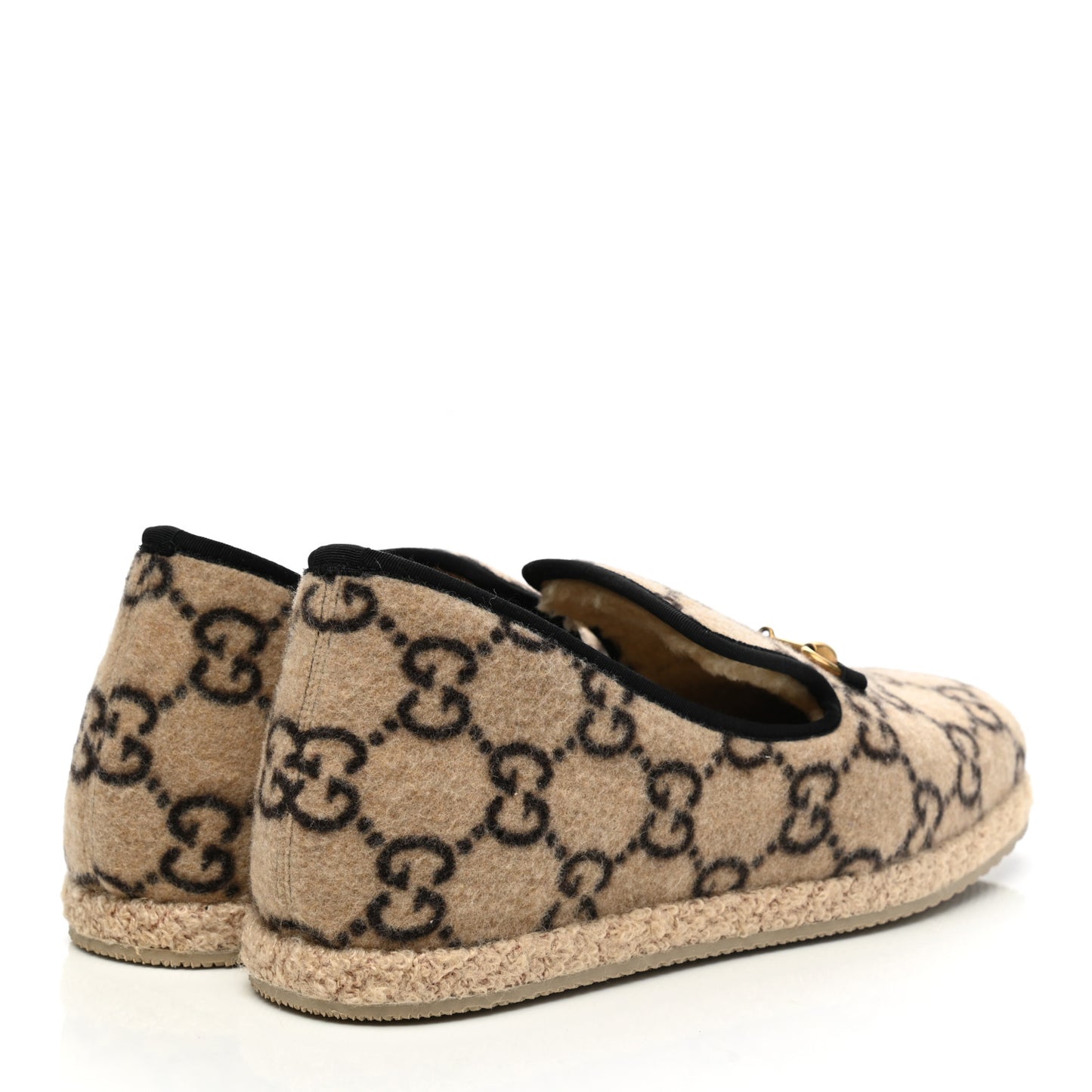 Covered Wool GG Monogram Mens Fria Horsebit Loafers 10 Beige Ebony Black Butterscotch