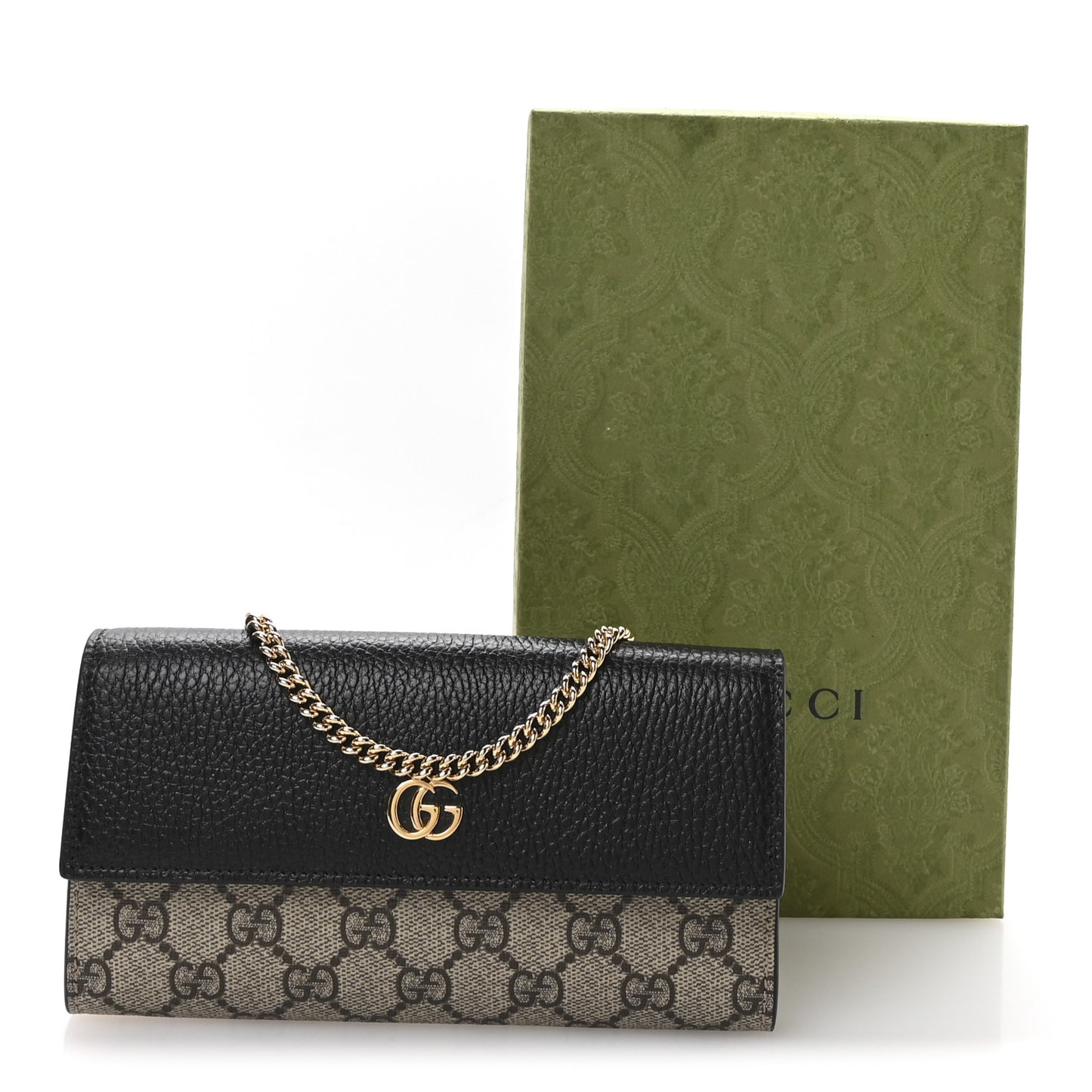 Dollar Calfskin GG Supreme Monogram Petite GG Marmont Wallet Chain Bag Black Beige Ebony