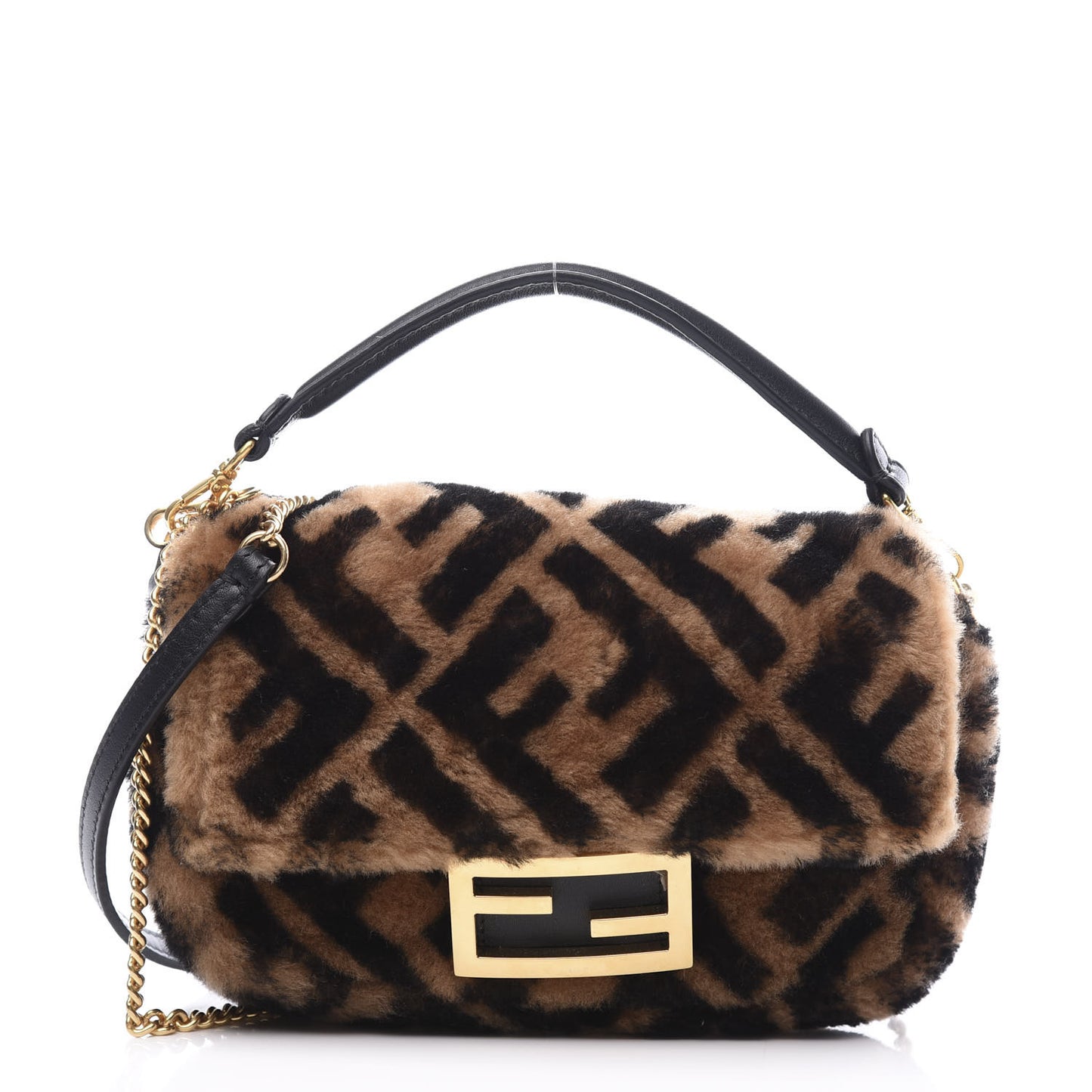 Shearling Vitello Dolce Macro FF 1974 Mini Baguette Tobacco Black