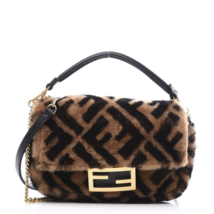 Fendi Shearling Vitello Dolce Macro FF 1974 Mini Baguette Tobacco Black 1 of 9