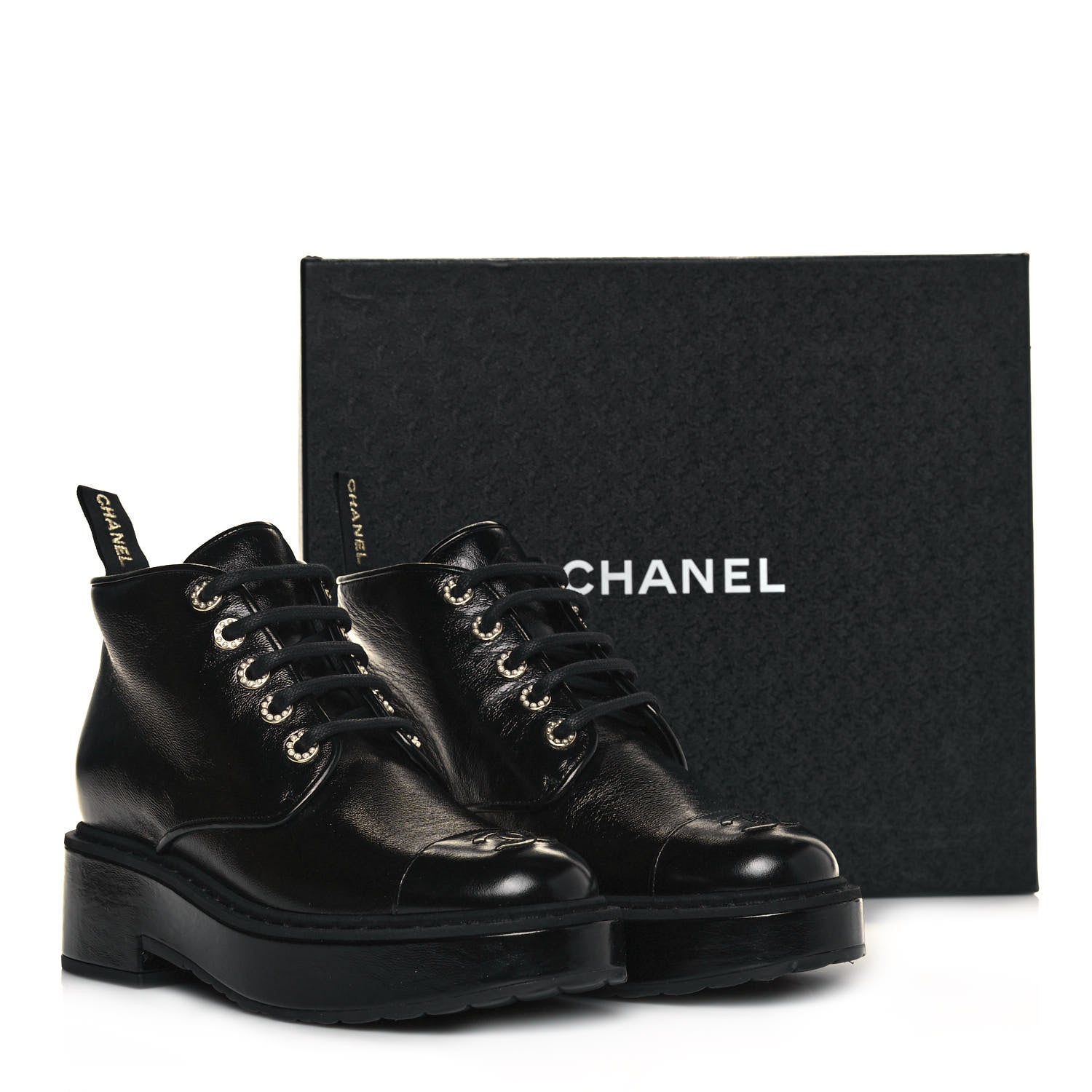 Chanel Shiny Calfskin Pearl Lace Up Combat Short Boots 39.5 Black 8 of 8
