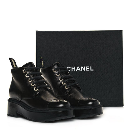 Chanel Shiny Calfskin Pearl Lace Up Combat Short Boots 39.5 Black 8 of 8
