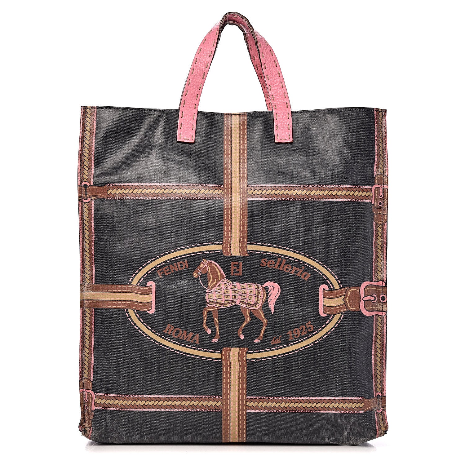 Fendi Coated Canvas Calfskin Romano Selleria Borghese Print Special Shopping Tote Blue Rosa 1 of 22