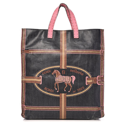 Fendi Coated Canvas Calfskin Romano Selleria Borghese Print Special Shopping Tote Blue Rosa 1 of 22