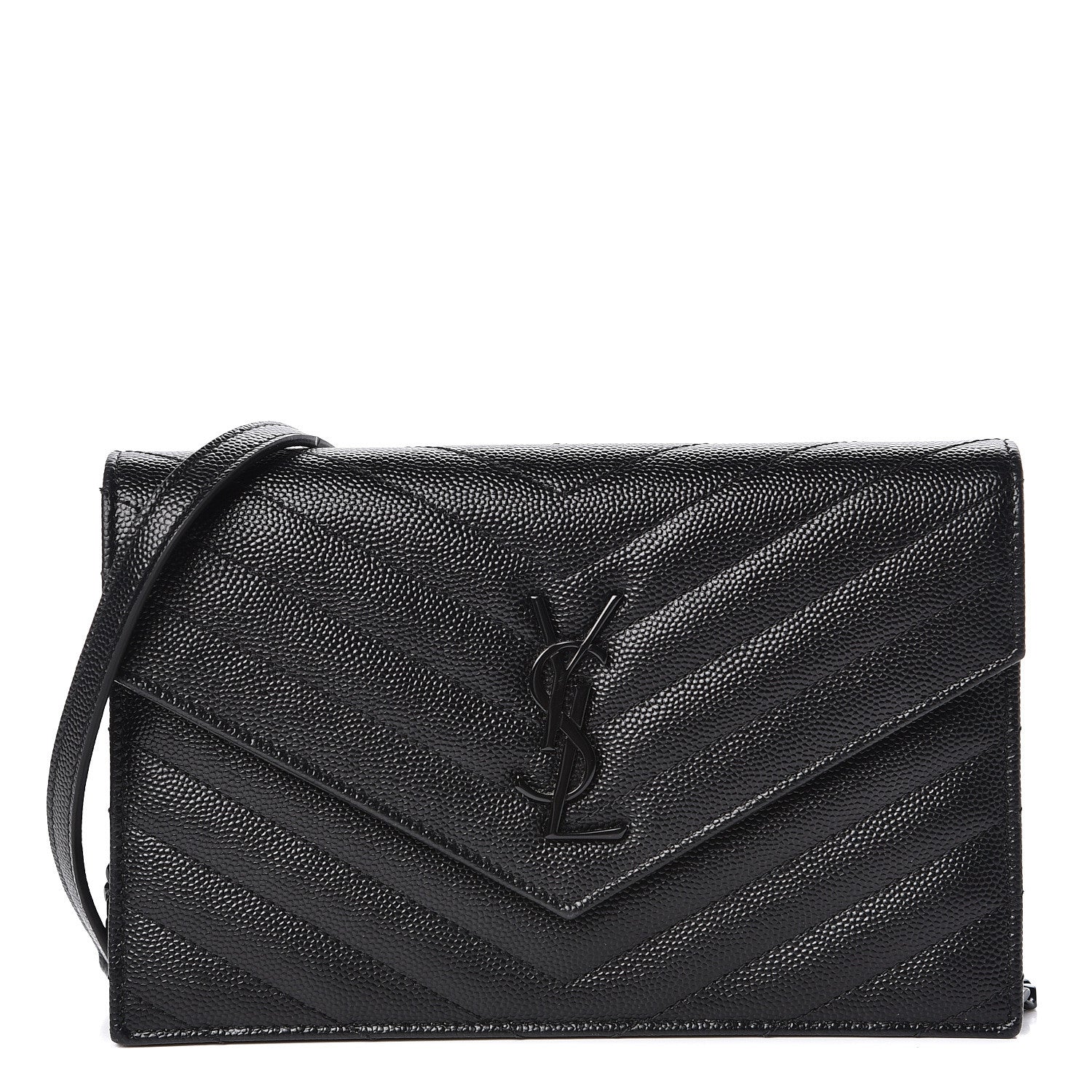 Saint Laurent Grain De Poudre Matelasse Chevron Monogram Envelope Chain Wallet Black 1 of 11