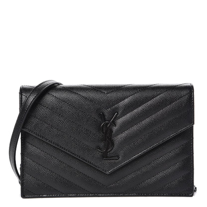 Saint Laurent Grain De Poudre Matelasse Chevron Monogram Envelope Chain Wallet Black 1 of 11