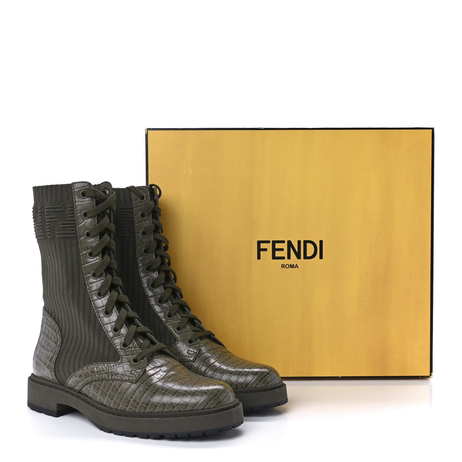 Fendi Vitello Stretch Fabric 3D FF Croc Embossed Womens Combat Boots 37.5 Illinois Oliva 8 of 8