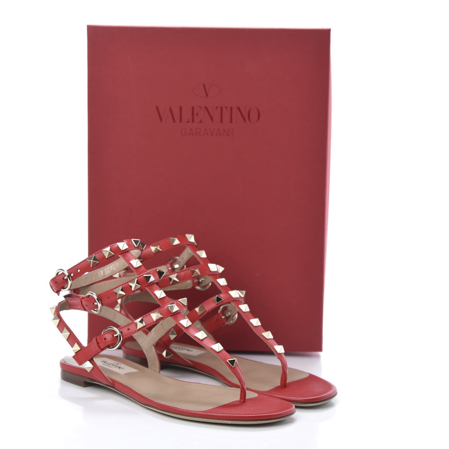 Calfskin Rockstud Ankle Wrap Flat Thong Sandals 35 Rouge Pur