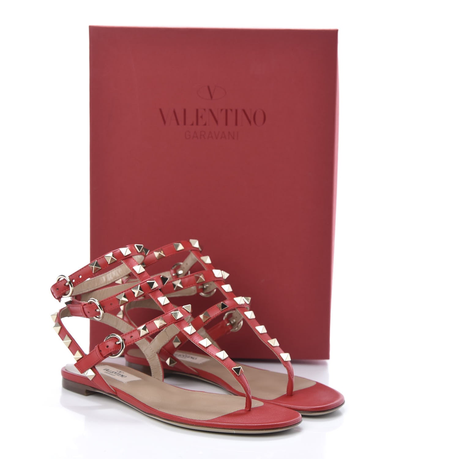 Valentino Garavani Calfskin Rockstud Ankle Wrap Flat Thong Sandals 35 Rouge Pur 10 of 10