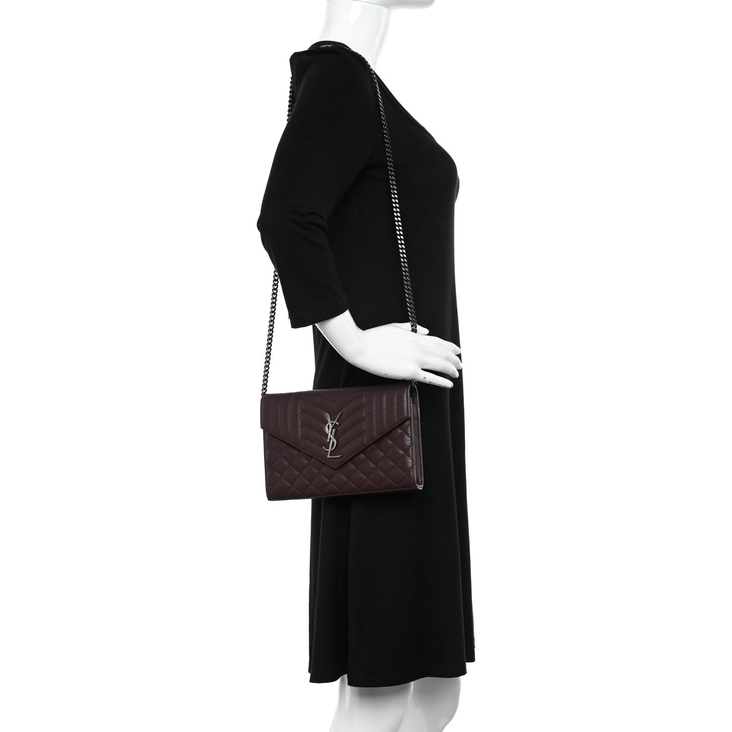 Saint Laurent Sheepskin Tri-Quilt Monogram Envelope Chain Wallet Burgundy 2 of 11
