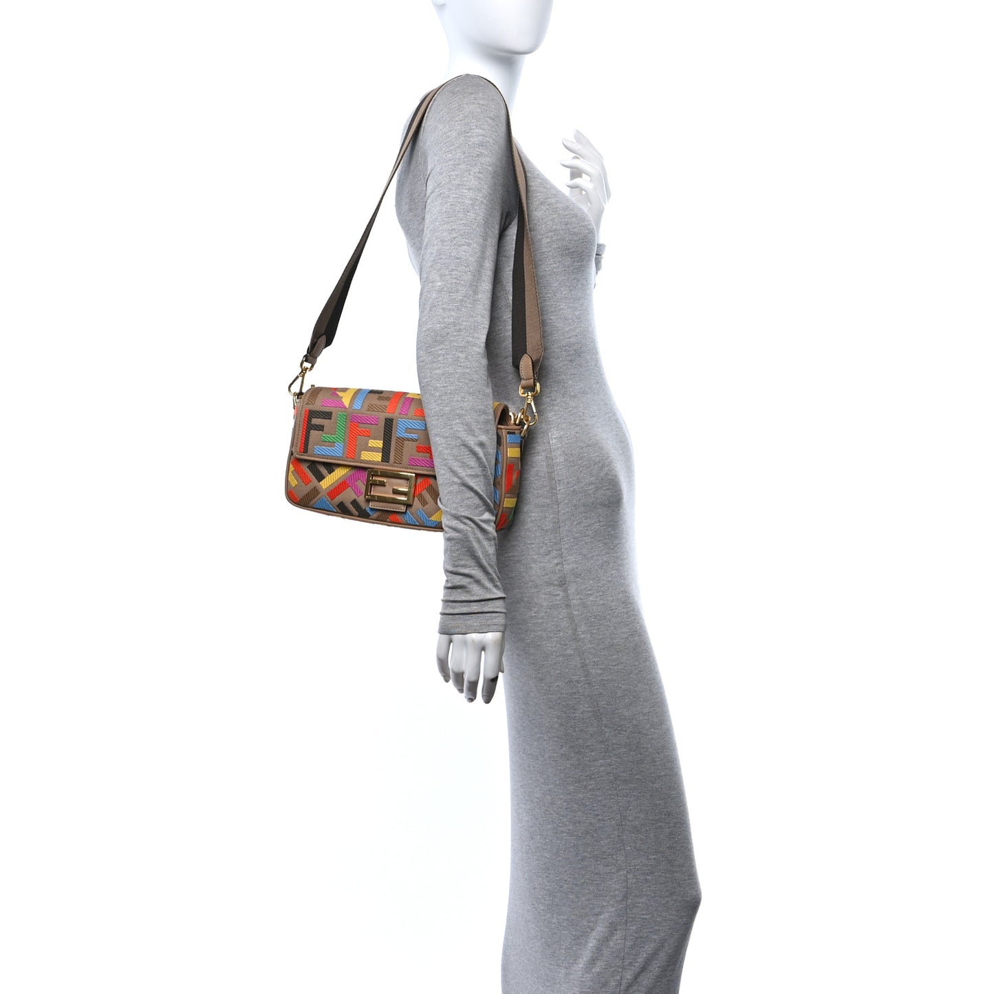 Canvas Vitello King FF Multicolor Embroidered Baguette Multicolor Cuoio