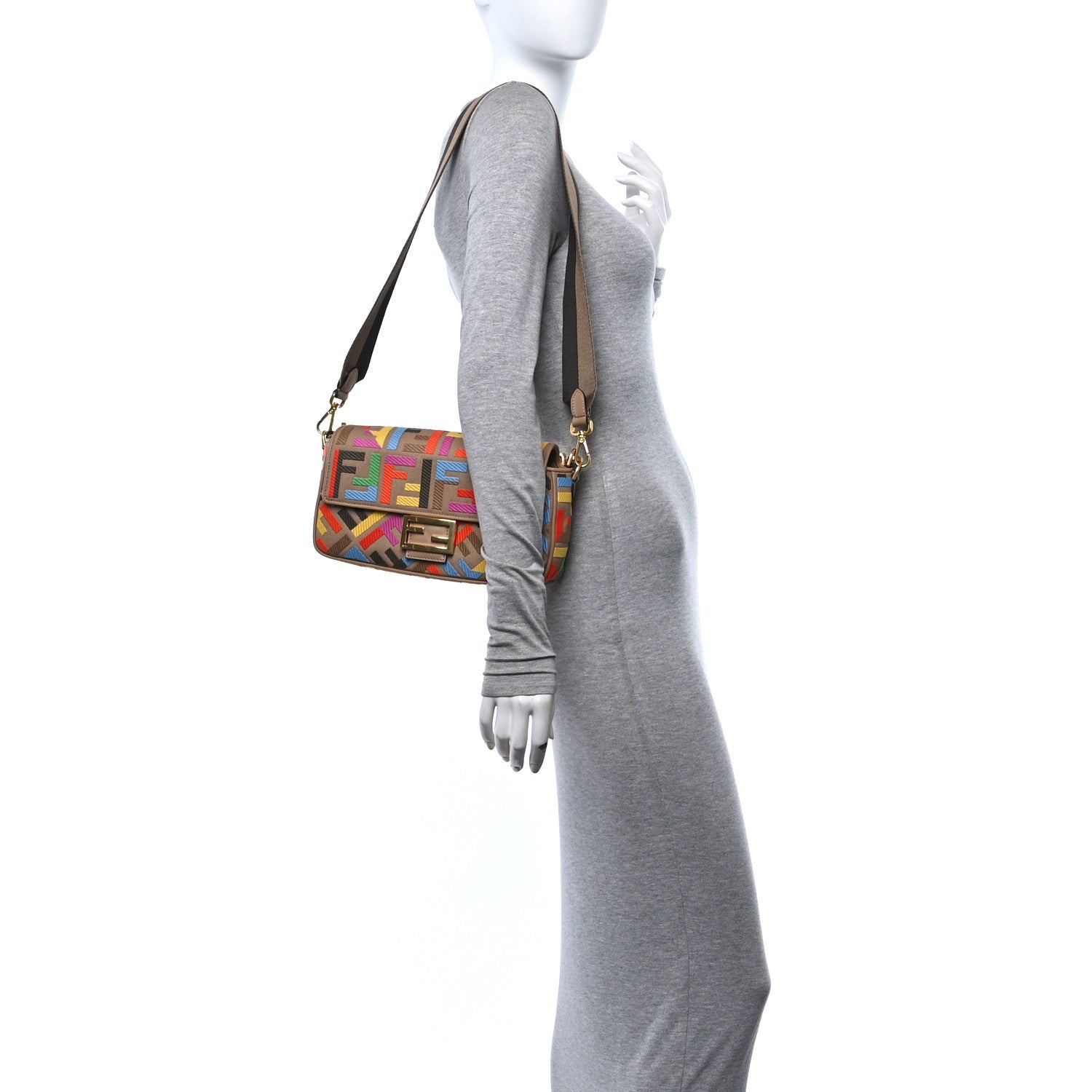 Fendi Canvas Vitello King FF Multicolor Embroidered Baguette Multicolor Cuoio 2 of 10
