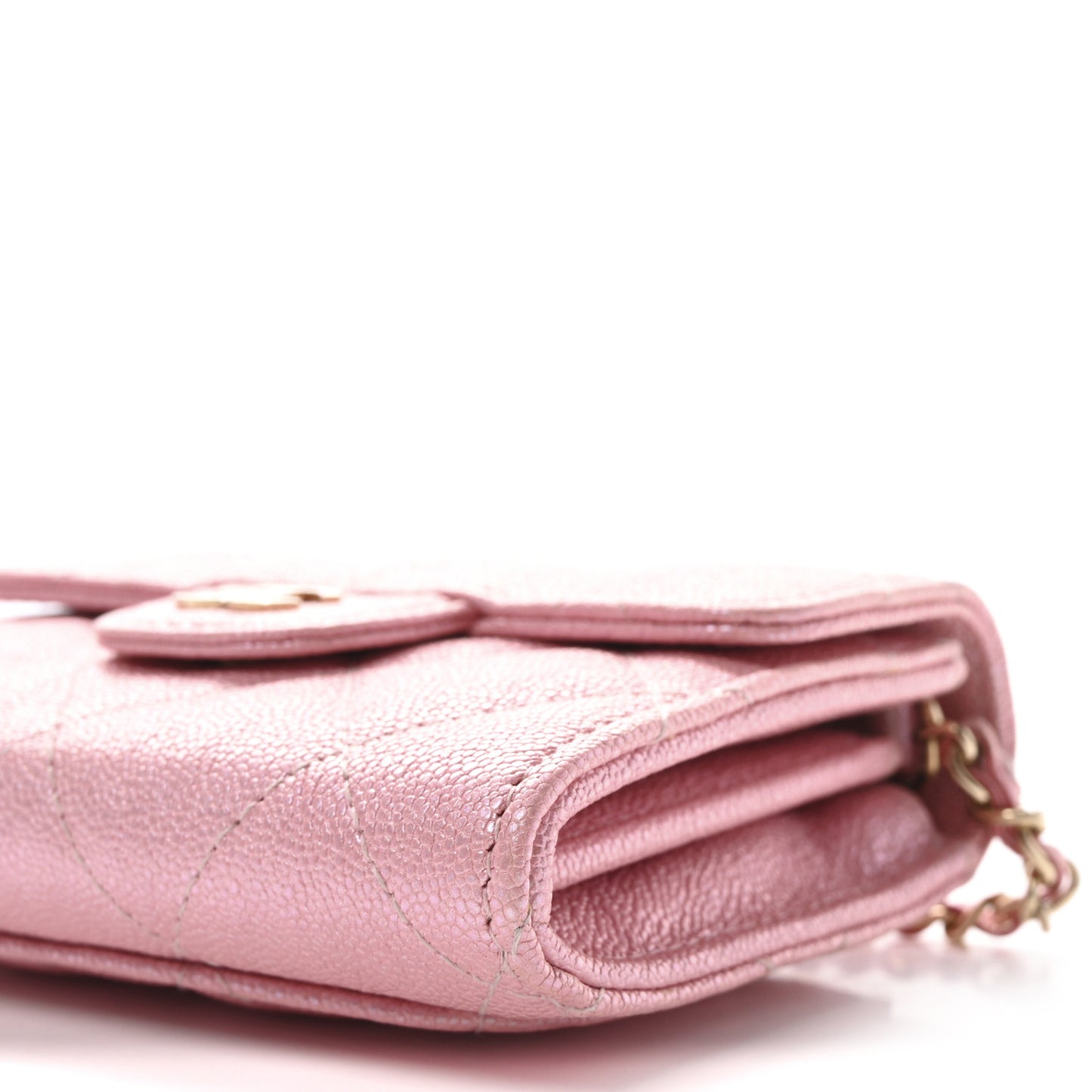 Iridescent Caviar Quilted Flap Card Holder On Chain Pink