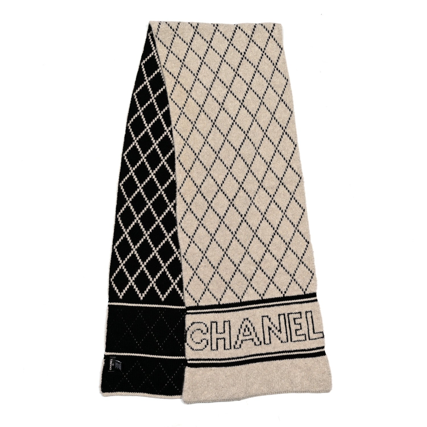 Chanel Wool Cashmere Logo Scarf Black Beige 2 of 3