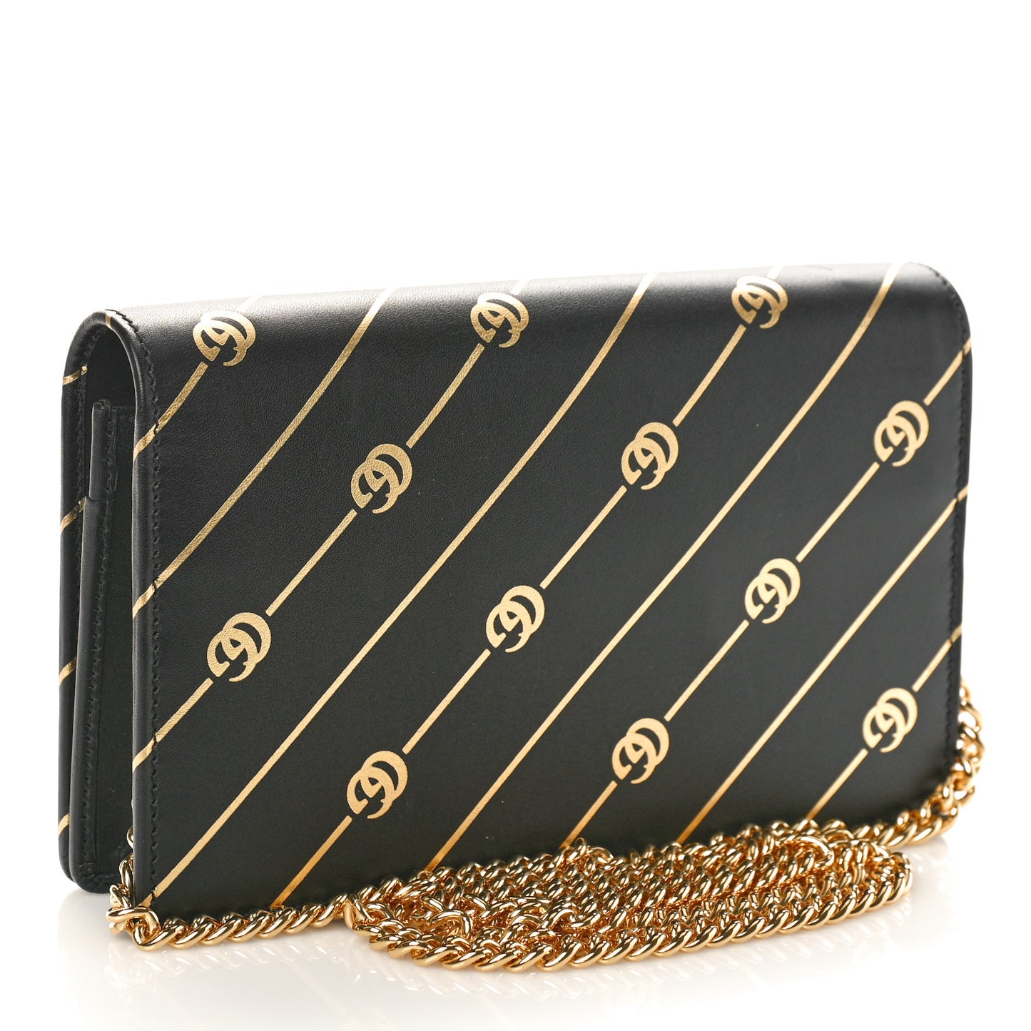 Calfskin Diagonal GG Mini Chain Wallet Black Gold