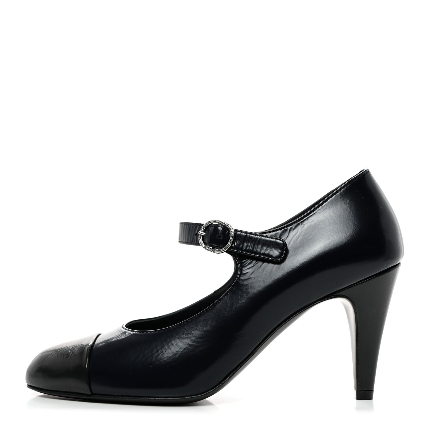 Shiny Goatskin Cap Toe Mary Jane Pumps 37 Navy Blue Dark Gray