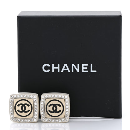 Chanel Metal Resin Crystal CC Square Earrings Gold White Black 5 of 5