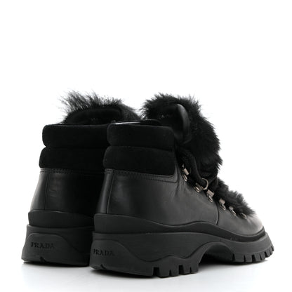 Prada Calfskin Shearling Montone Pull Up Ankle Boots 37.5 Black 4 of 9